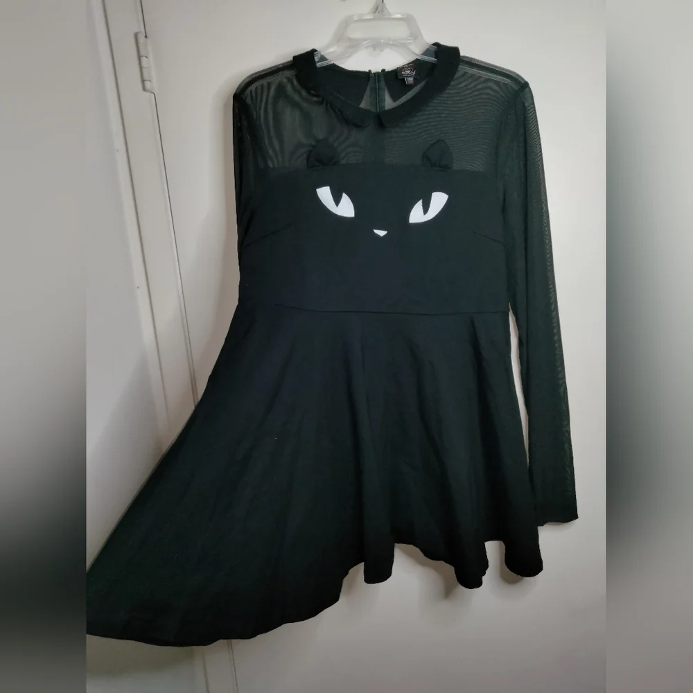 Dolls Kill x Emily (Size 2X) Black Cat Face Sheer Thumbhole Cuff LS Mini Dress - Picture 12 of 16